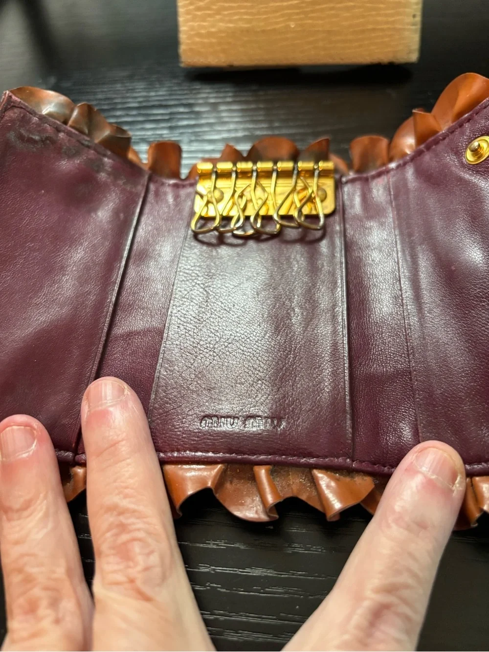 Authentic Miu Miu Ruffle Bow Key Wallet - Maroon Patent Leather - Rare Vintage